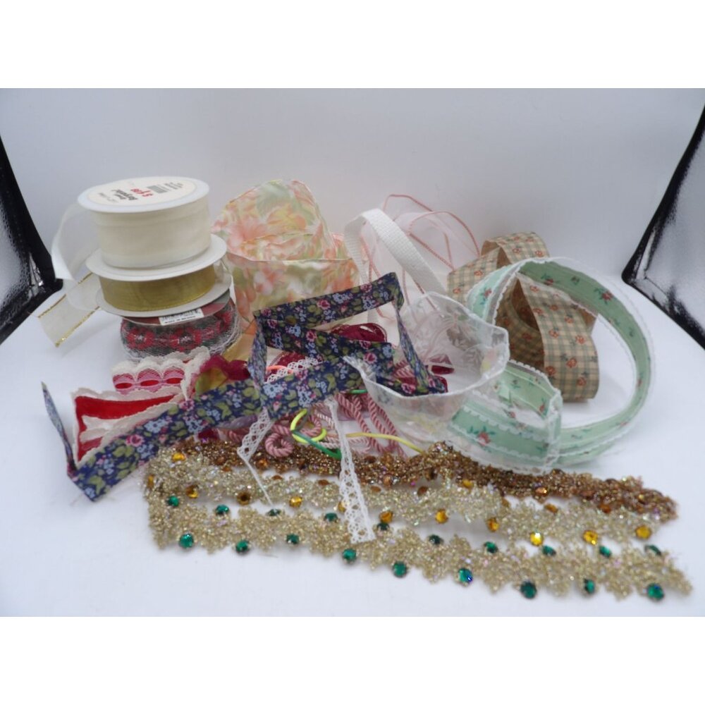Ribbons & Trims Junk Lot, Partial Spools, Pieces, some wired, some embellished